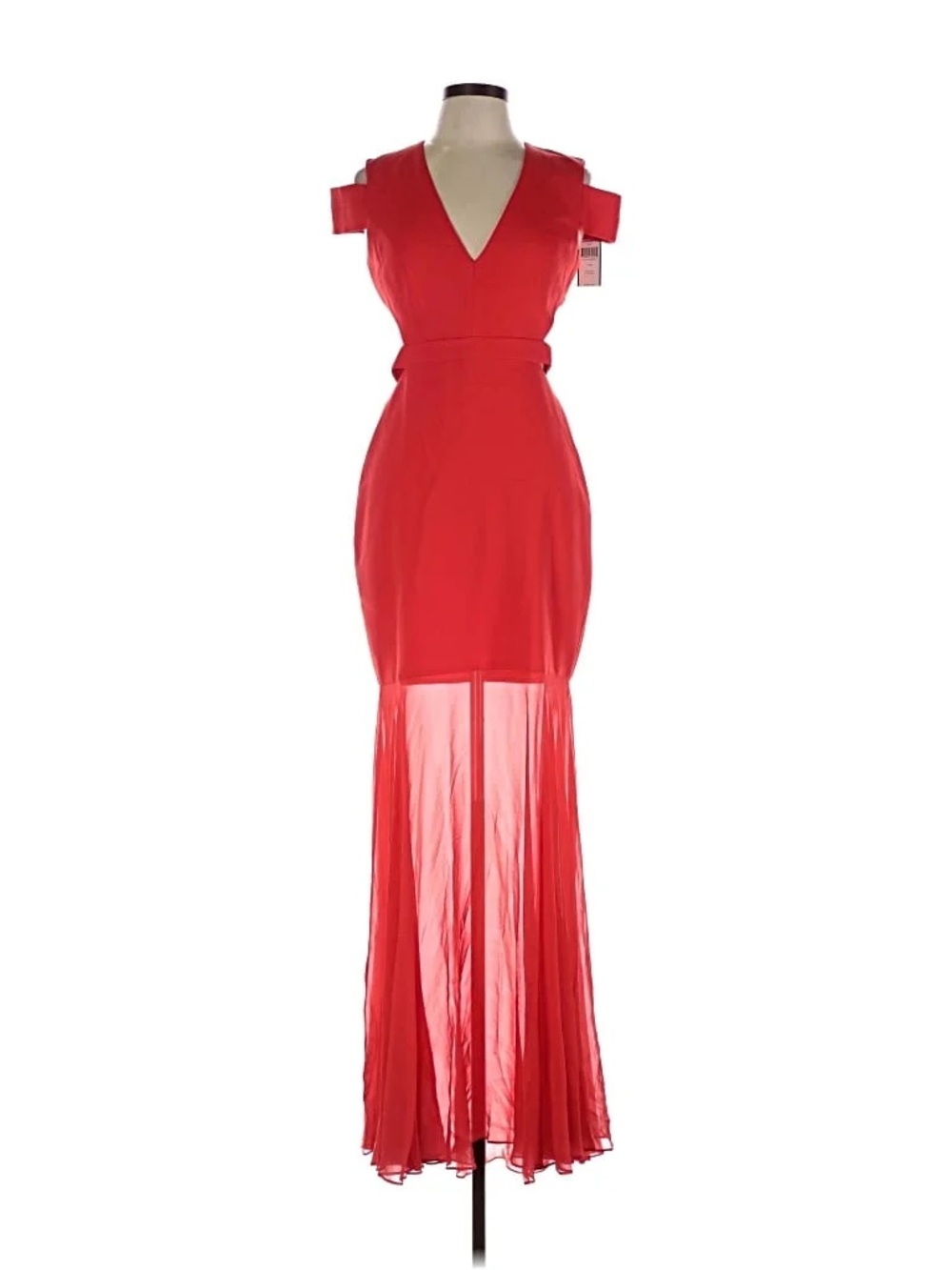 BCBG Red V-Neck Cold-Shoulder Sheer Maxi Dress